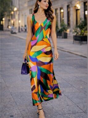 NWT Joie Bessia Satin Abstract Leaf Print V-Neck Slip Maxi Dress M